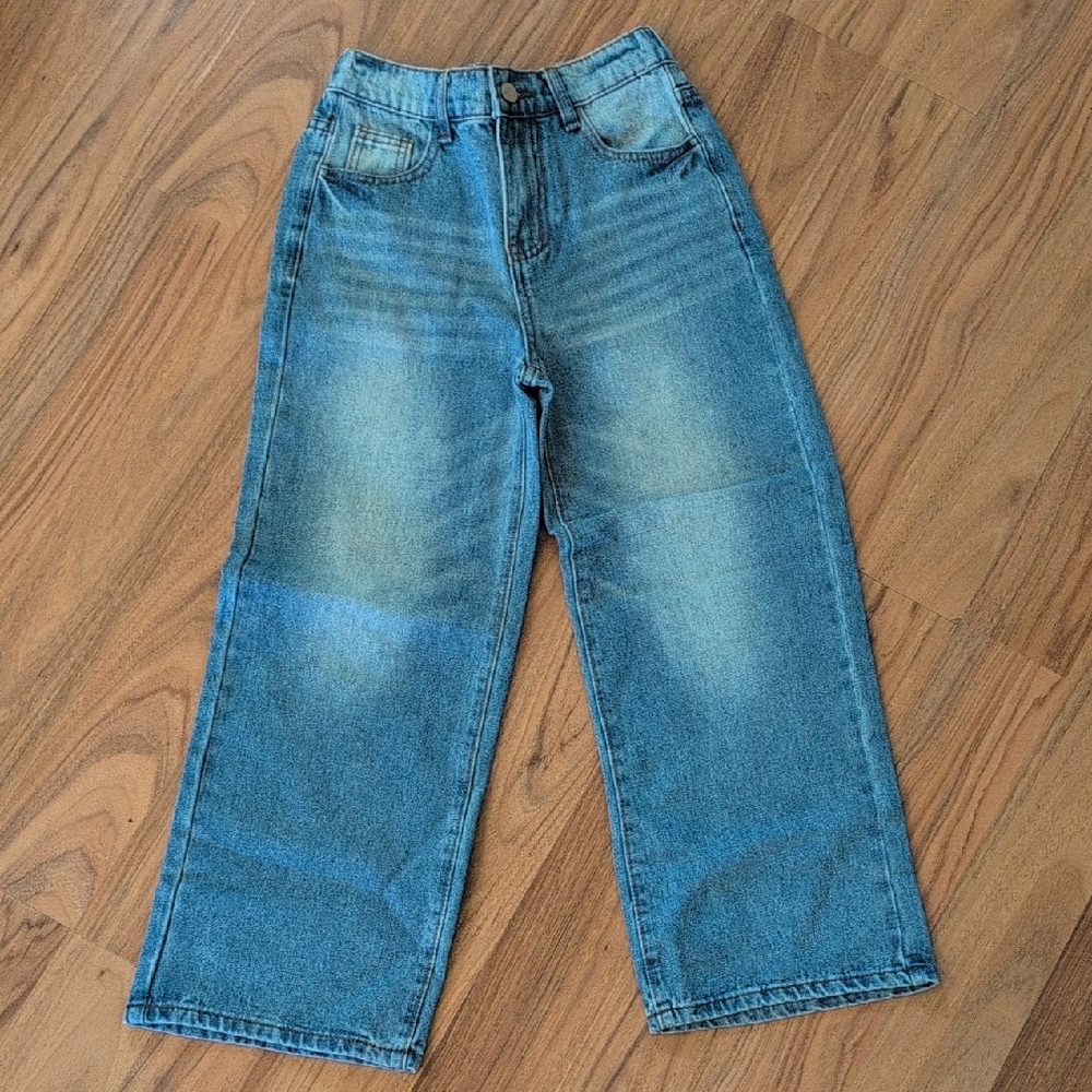 Girls Blue Denim Wide-Leg Jeans